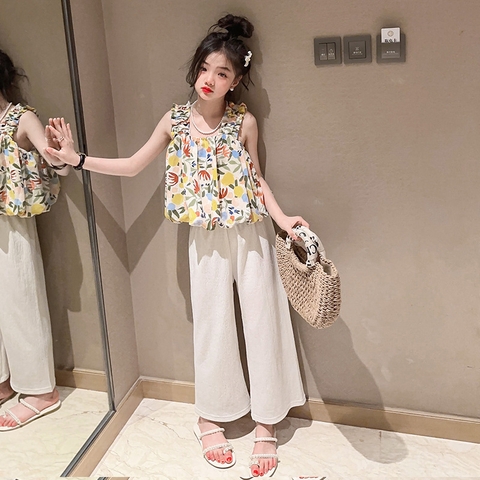 Bộ đồ hai mảnh kiểu dáng mới áo hai dây và quần ống rộng thời trang dành cho bé gái