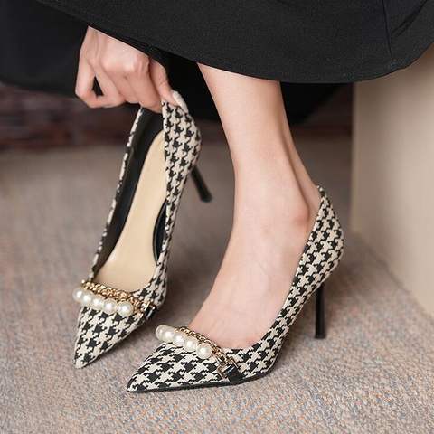 Giày cao gót Houndstooth đính ngọc trai mẫu mới