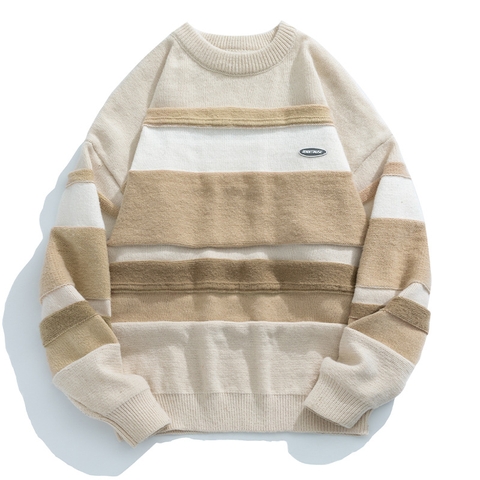 Áo len unisex kẻ sọc cổ tròn phong cách Nhật Bản retro hợp thời trang