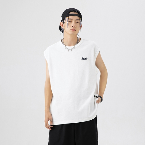 Áo thun unisex không tay thêu hình, vải waffle ghi lê kiểu mới