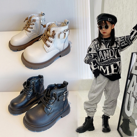 Giày boot Martin cổ thấp đế mềm chất da bò mềm mại cho bé gái