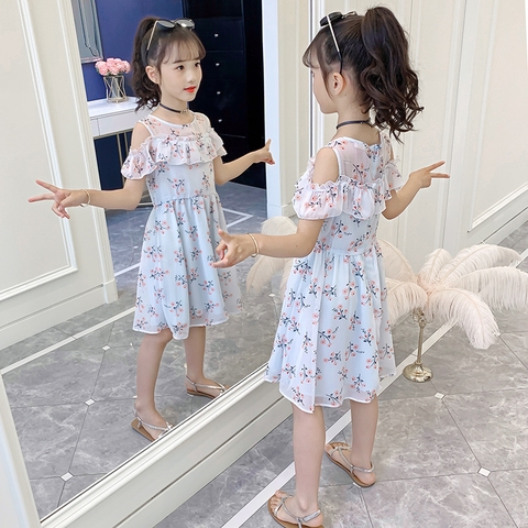 Đầm bé gái kiểu dáng mỏng hở vai phối ren phong cách Hàn Quốc dành cho bé gái