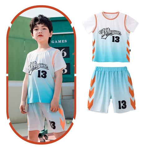 Bộ đồ thể thao bóng rổ ngắn tay cổ tròn loang màu cho bé trai