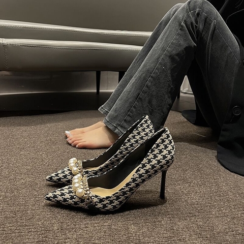 Giày cao gót Houndstooth đính ngọc trai mẫu mới
