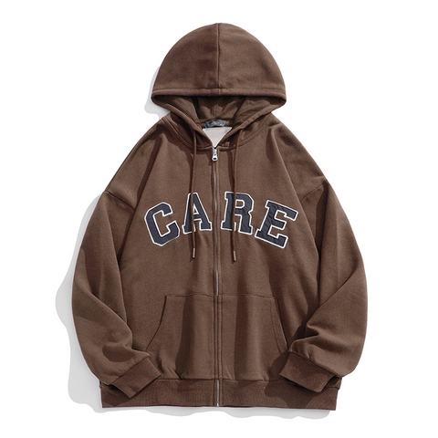 Áo khoác unisex dài tay thêu chữ CARE thời trang cặp đôi