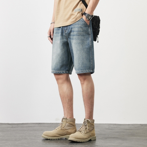 Quần short jean nam ống suông phối bạc màu phong cách Hàn Quốc