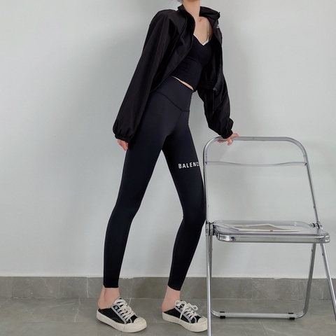 Quần legging nữ dài chín tấc ôm dáng co giãn, in chữ trên đùi thời trang