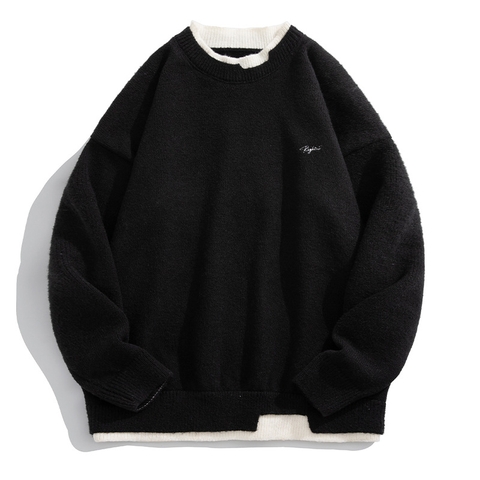 Áo len unisex giả hai lớp form rộng phong cách retro