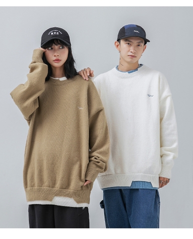 Áo len unisex giả hai lớp form rộng phong cách retro
