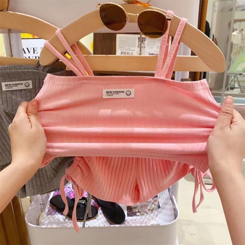 Bộ đồ hai dây áo co giãn phối quần ngắn thiết kế dây rút thời trang dành cho bé gái