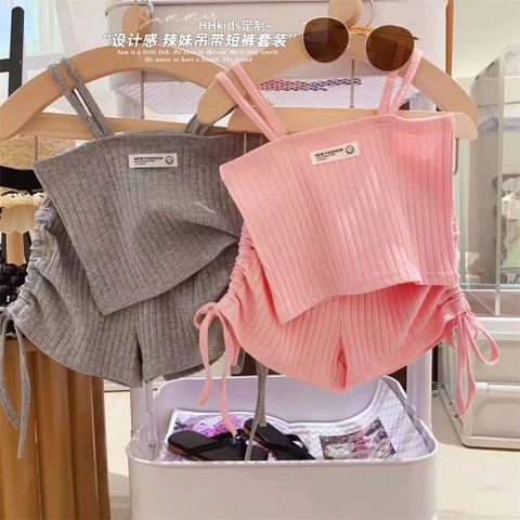 Bộ đồ hai dây áo co giãn phối quần ngắn thiết kế dây rút thời trang dành cho bé gái