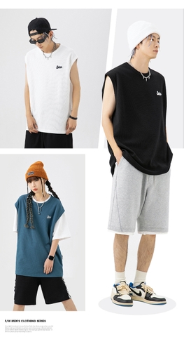 Áo thun unisex không tay thêu hình, vải waffle ghi lê kiểu mới