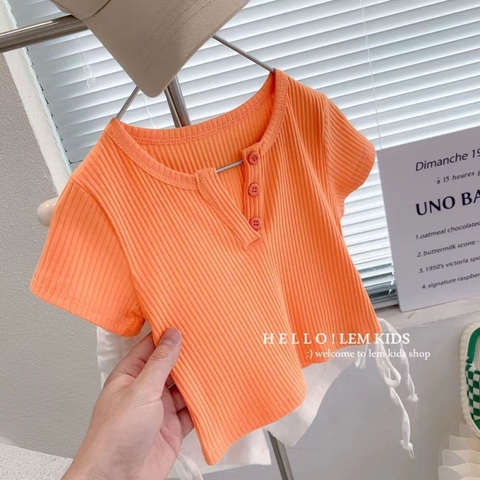 Áo thun co giãn tay ngắn lưng cao cổ hở chữ V dành cho bé gái