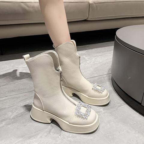 Giày boots Martin đế thấp, ống ngắn phối dây kéo phía trước