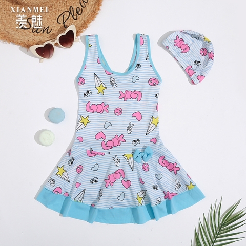 Bộ đồ bơi liền mảnh in hình dễ thương áo có dây đeo vai dành cho bé gái