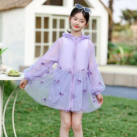 Áo khoác chống nắng vải mỏng thoáng khí họa tiết bướm thời trang dành cho bé gái