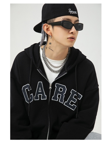 Áo khoác unisex dài tay thêu chữ CARE thời trang cặp đôi