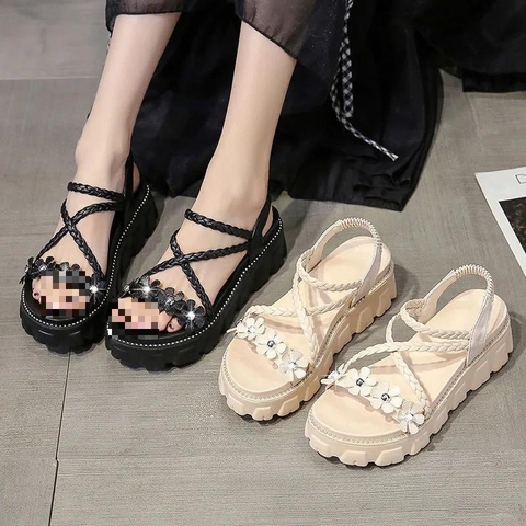 Giày sandal đế xuồng họa tiết bông hoa trẻ trung xinh xắn