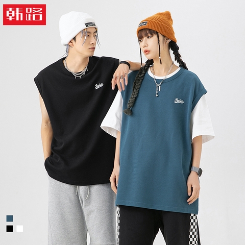 Áo thun unisex không tay thêu hình, vải waffle ghi lê kiểu mới