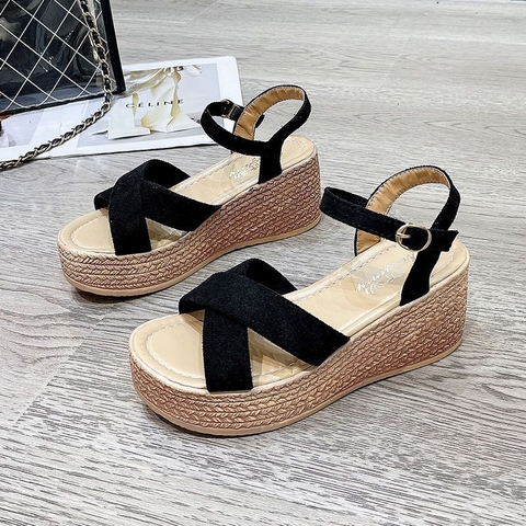 Dép sandal đế xuồng, quai chéo, chống trơn, phong cách đơn giản