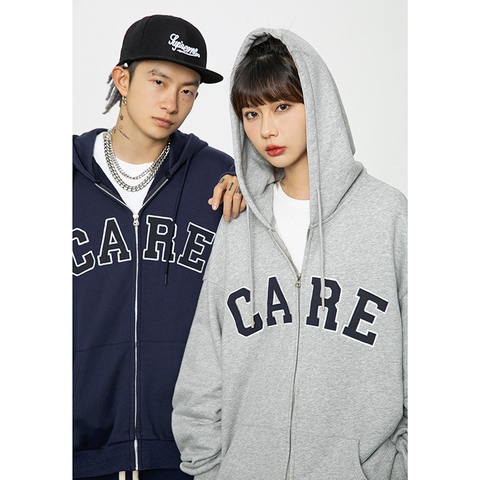 Áo khoác unisex dài tay thêu chữ CARE thời trang cặp đôi