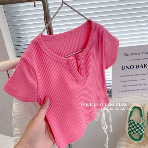 Áo thun co giãn tay ngắn lưng cao cổ hở chữ V dành cho bé gái
