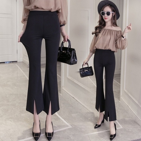 Quần ống loe cạp cao có đường xẻ tà phía trước hợp thời trang cho nữ