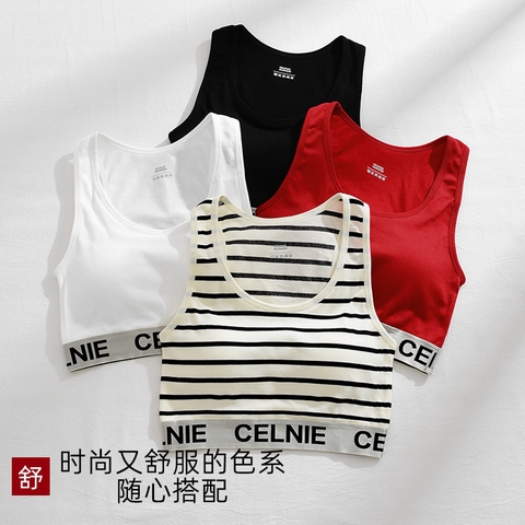 Áo bra nữ ba lỗ dệt kim viền in chữ thời trang, có miếng đệm ngực, không có gọng thép