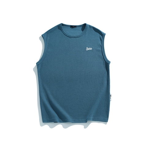 Áo thun unisex không tay thêu hình, vải waffle ghi lê kiểu mới