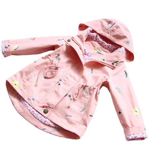 Áo khoác gió vải cotton thêu hoa phối dây rút ở thắt lưng thời trang dành cho bé gái