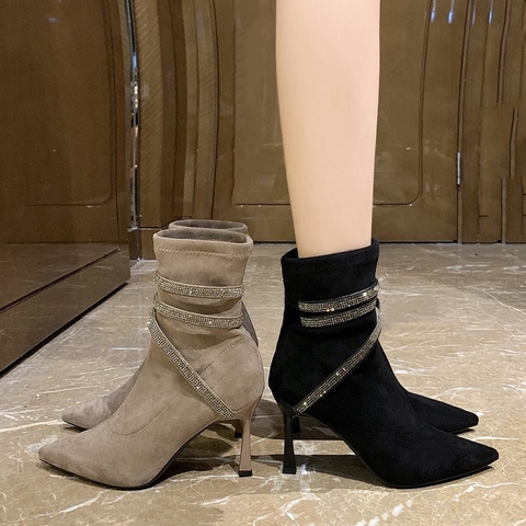 Giày boots cổ ngắn cao gót đính đá thời trang nữ