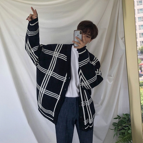 Áo len nam cardigan dài tay kẻ sọc phong cách Hàn Quốc