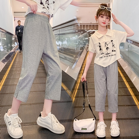 Quần lửng vải cotton co giãn kiểu dáng thể thao vận động dành cho bé gái