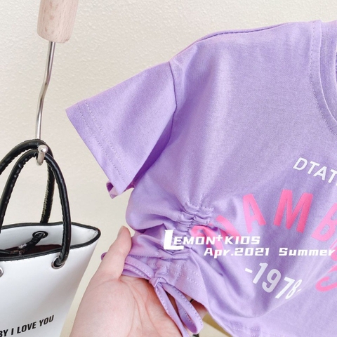 Áo thun tay ngắn lưng cao thiết kế dây rút một bên thời trang dành cho bé gái