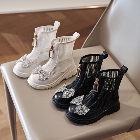 Giày boot UNMUN lưới thoáng khí đính nơ cho bé gái