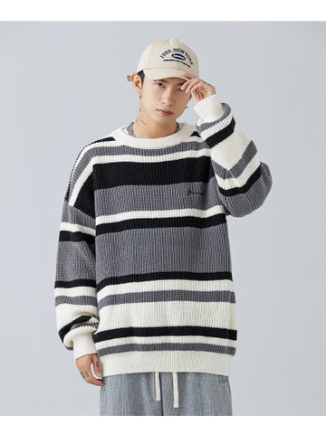 Áo len unisex kẻ sọc màu tương phản phong cách retro