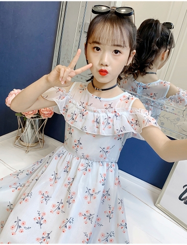 Đầm bé gái kiểu dáng mỏng hở vai phối ren phong cách Hàn Quốc dành cho bé gái