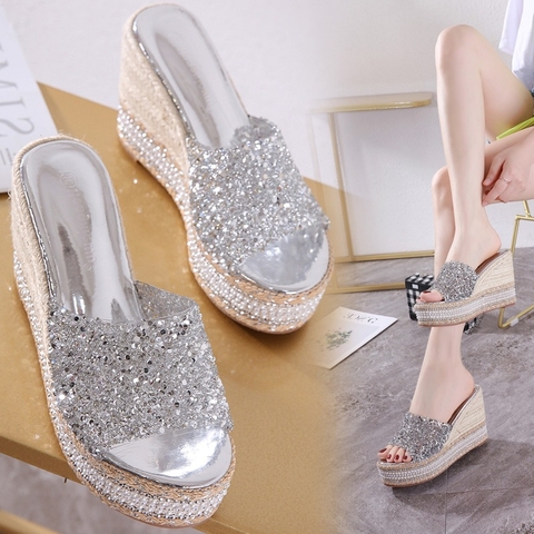 Giày cao gót đế dày đính kim cương giả thời trang Âu Mỹ mùa hè