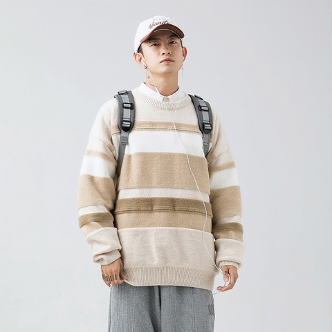 Áo len unisex kẻ sọc cổ tròn phong cách Nhật Bản retro hợp thời trang