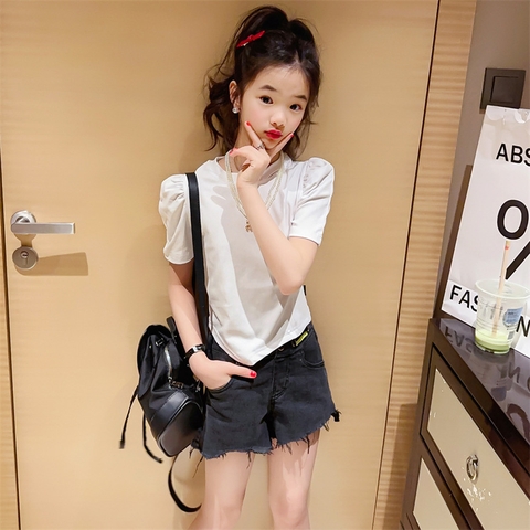 Áo tay ngắn phồng thiết kế xếp ly phong cách Hàn Quốc dành cho bé gái