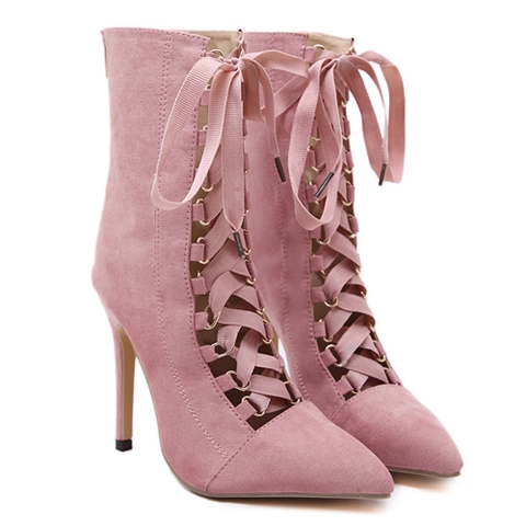 Giày boots cao gót, mũi nhọn quai chéo chống thấm nước dành cho nữ