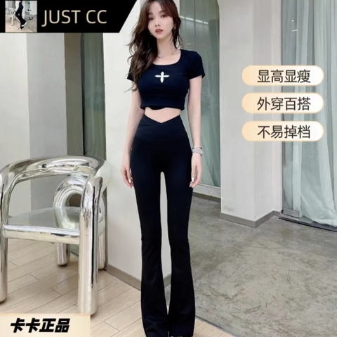 Quần legging nữ lưng cao ôm eo ống loe co giãn tôn dáng người mặc