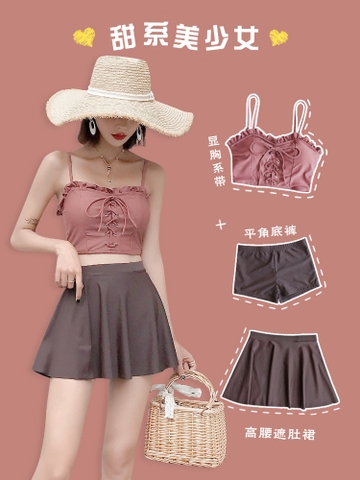 Bộ đồ bơi ba mảnh kiểu dáng Nhật Bản nhỏ nhắn, dễ thương có lớp lót an toàn