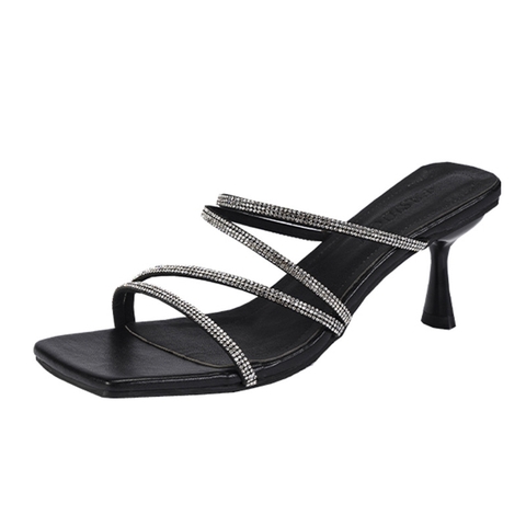 Giày sandal cao gót đế vuông quai chéo đính hạt kim cương nhỏ mẫu mới mùa hè