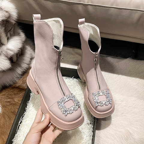 Giày boots Martin đế thấp, ống ngắn phối dây kéo phía trước