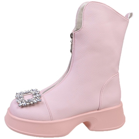 Giày boots Martin đế thấp, ống ngắn phối dây kéo phía trước