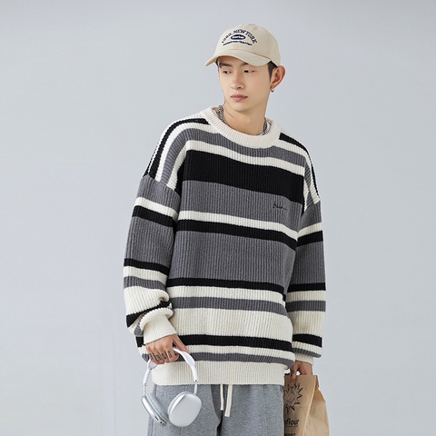 Áo len unisex kẻ sọc màu tương phản phong cách retro