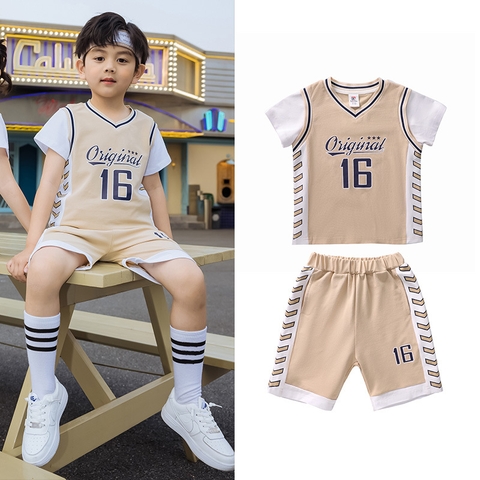 Bộ đồ thể thao bóng rổ cotton ngắn tay cổ chữ V cho bé trai