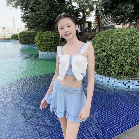 Bộ đồ bơi hai mảnh áo hai dây thắt nơ phối với váy ngắn kiểu dáng công chúa dễ thương