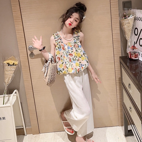 Bộ đồ hai mảnh kiểu dáng mới áo hai dây và quần ống rộng thời trang dành cho bé gái